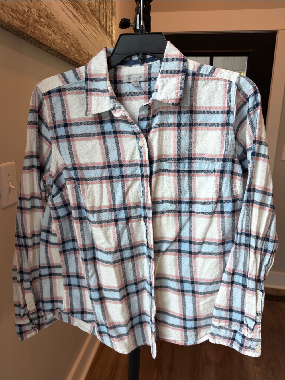 Cozy Plaid Button-Down Shirt - White, Navy & Pink